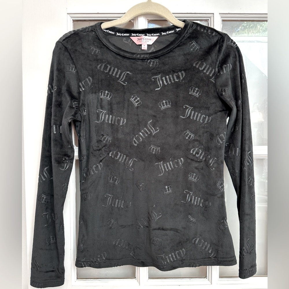 Juicy Couture Y2K Black Velvet Burnout Embossed Long Sleeve Sleepwear Top Size M